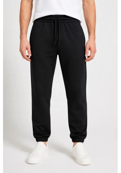 Hazego Erkek İki İplik Beli Lastikli Bağcıklı Regular Fit Jogger Eşofman Altı - Siyah