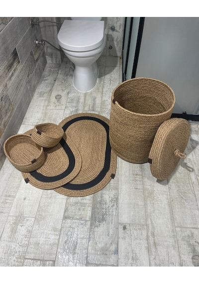 Jüt Hasır 5li Banyo Seti - Siyah Çizgili Siyah
