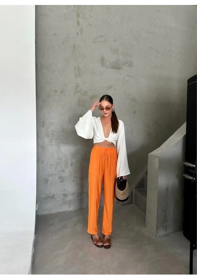 Defymoda Bel Lastik Detaylı Modal Kumaş Pantolon - Orange Orange