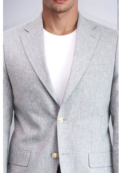 Gri Keten Dokulu Gold Renk Metal Düğmeli Slim Fit Erkek Blazer Ceket - Wessi Grey