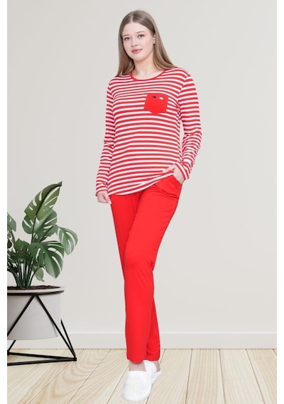 Mecit Pijama Mecit 6201 Kırmızı Çizgili Büyük Beden Kadın Pijama Takımı Kırmızı