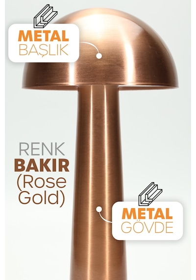 Şarjlı Mantar Masa Lambası Metal Dokunmatik 3 Işık Parlaklık Ayarlı Gece Masa Üstü Lamba Bakır A4 Bakır