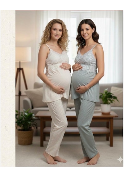 Bone Club Keten Penye Hamile Lohusa 3'lü Pijama Sabahlık Takım Yeşil