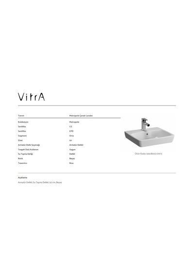 VitrA Metropole 5661B003-0937 Armatür Delikli Lavabo 50 CM Beyaz