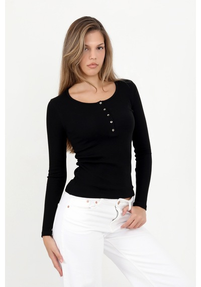 Hdm Kadın Siyah Uzun Kollu Fitilli Patlı Düğmeli Basic Örme Bluz - H6162