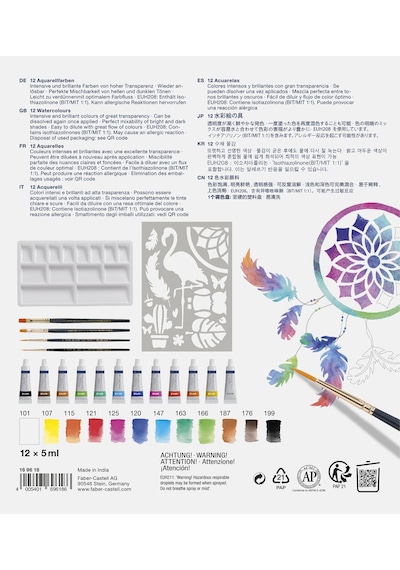 Faber-Castell Suluboya Boyama Seti 18 Parça,Sulu Boya Tüpü,Sulu Boya Fırçası, Karıştırma Paleti ve Çizim Şablonu