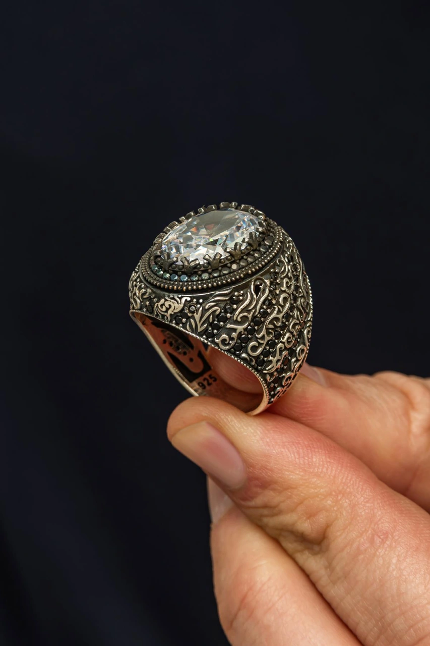 Oval Zirkon Beyaz Taşlı 925 Erkek Gümüş Yüzük Gümüş