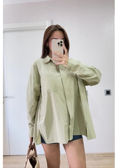 Alfanora Kadın Oversize Pens Detaylı Cepli Yırtmaçlı Rahat Kalıp Poplin Gömlek - Yeşil