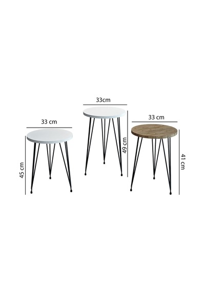 3'lü Zigon Sehpa Yuvarlak Model Zigon Sehpa Metal Tel Ayak 2beyaz1ceviz