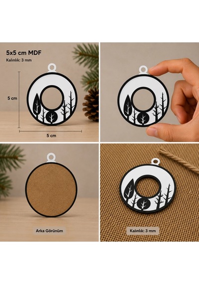 O Harf Yılbaşı Süsü Mdf Çam Ağacı Desenli Asılabilir Dekor 5x5 Cm
