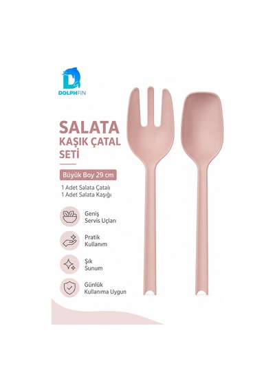 Salata Kaşık Çatal Seti 2 Li Büyük Boy 29 Cm Pudra Pembe Plastik Servis Kaşığı Ve Çatalı