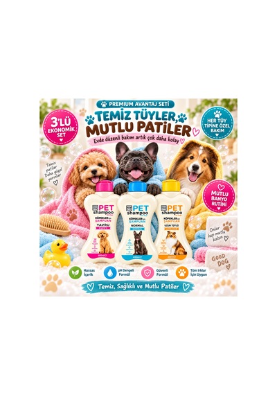 Köpek Şampuan Seti 3x400 Ml Yavru, Normal Ve Uzun Tüylü Köpekler İçin Premium Bakım Paketi