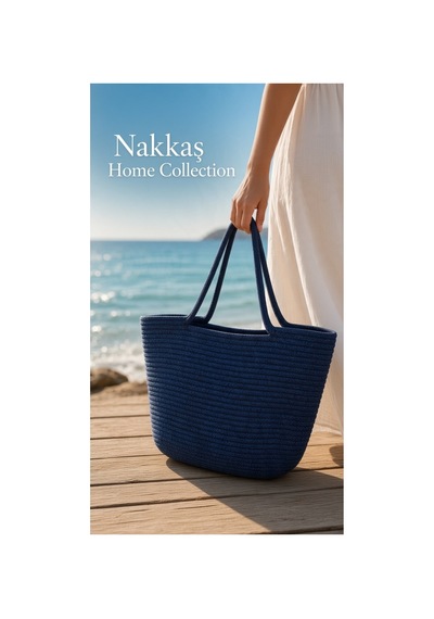 Nakkaş Home Collection Jüt Çanta Kadın Hasır Çanta, Plaj Çantası, Omuz Ve Günlük Kullanım Çantası-lacivert-45x30 Cm