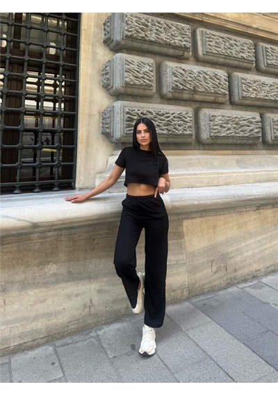 WeShaya Siyah Modal Polyester Dokulu Bisiklet Yaka Takım Siyah