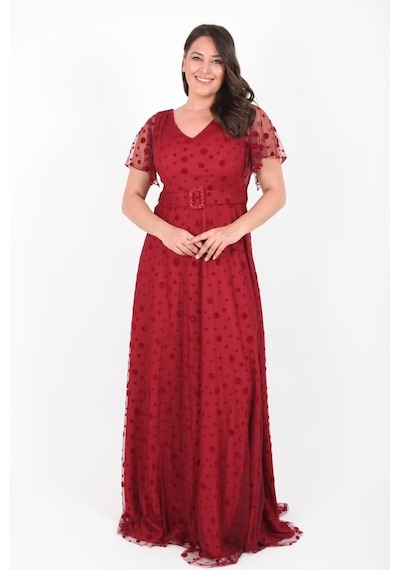Ladies First Büyük Beden 3424 Bordo Uzun Abiye Elbise