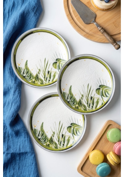 Yeşil Tropikal Desenli Pasta Tabağı Seti 6 Adet 20 Cm - Modern Şık Sunum Tabakları Koyu Yeşil