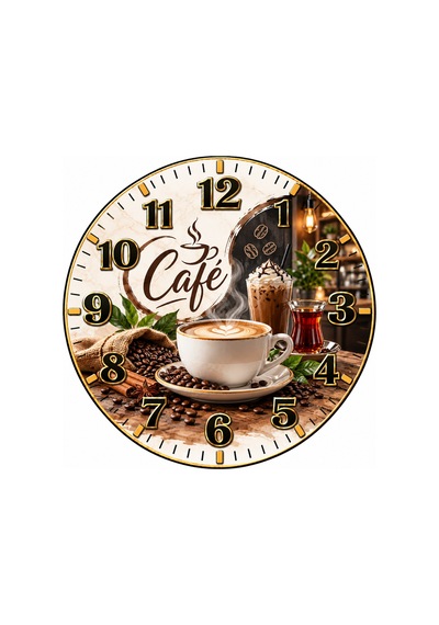 Kahve Cafe Temalı Duvar Saati 45 Cm Kahve Dükkanı Kafe Mutfak Uv Baskı Sessiz Akar Mekanizma 921 Çok Renkli