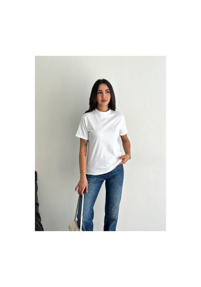 Fiolin Beyaz Ve Siyah Dik Yaka 2'li Paket Basic Örme T-shirt Siyah - Beyaz
