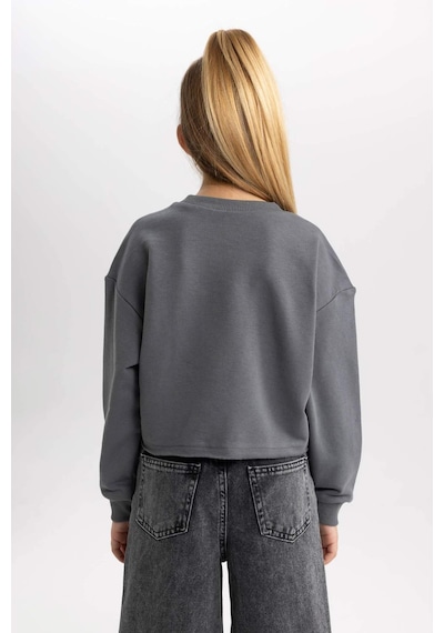 Defacto Kız Çocuk Baskılı Crop Bisiklet Yaka  Sweatshirt Askılı Atlet 2'li Takım B2517A823WNGR449 Gri