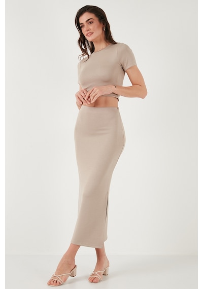 Lela Slim Fit Yırtmaç Detaylı Uzun Etekli Crop Bayan Takım 5866148 Taş