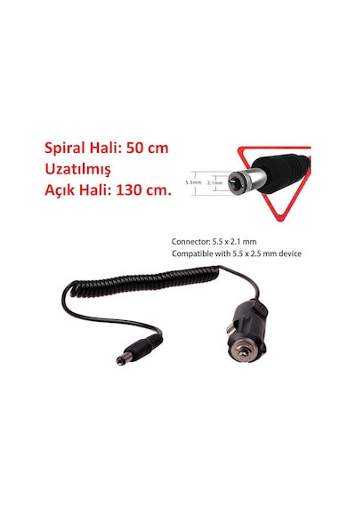 12v 2a Spiral Kablolu Çakmak Şarj Aleti 5.5x2.5mm Uçlu Sigortalı Çok Amaçlı Oto Çakmak Adaptörü
