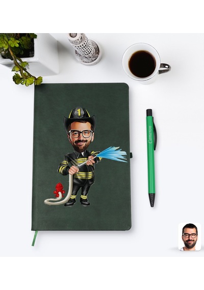 Kişiye Özel Erkek İtfaiyeci Karikatürlü Yeşil Termo Deri Defter K