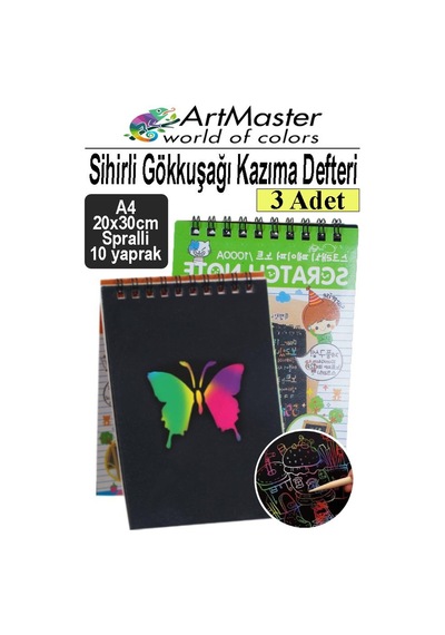 Gökkuşağı Kazıma Defteri Sihirli A4 20x30 Cm 3 Paket 10 Sayfa Spiralli Scratch Note Spralli Siyah Sihirli Resim Defteri Siyah