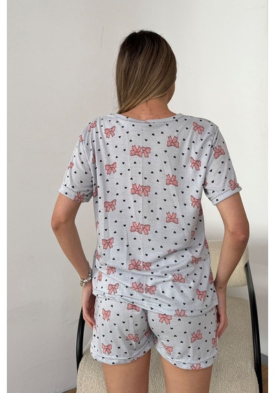 Giysa Kadın Bisiklet Yaka Fiyonk Desenli Şortlu Pijama Takımı Gri - 26y 2054