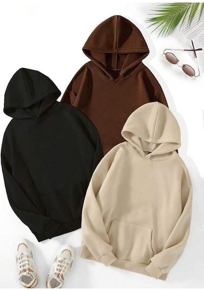 3' Lü Düz Baskısız 2 Iplik Şardonlu Kapüşonlu Sweatshirt Kalın Oversize Unisex Siyah