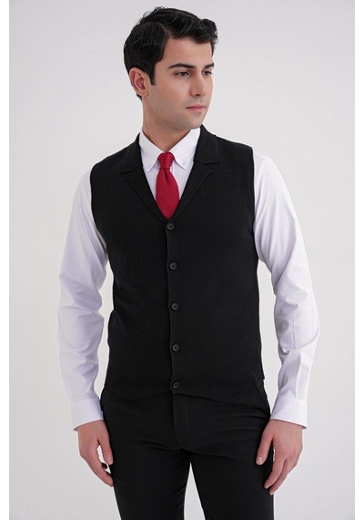 Slim Fit Ceket Yaka Düğmeli Siyah Yünlü Triko Yelek Try 012 Siyah