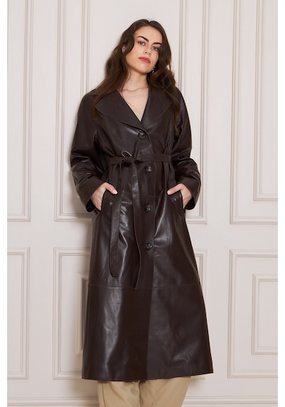 M M Marki Marki Kadın Hakiki Deri Trençkot Kahverengi, V Yaka, Kuşaklı, Düğme Kapamalı, Oversize, 120 Cm - 117222