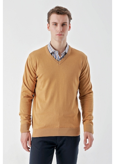 Morven Erkek Camel Basic V Yaka Dynamic Fit Rahat Kesim Triko Camel