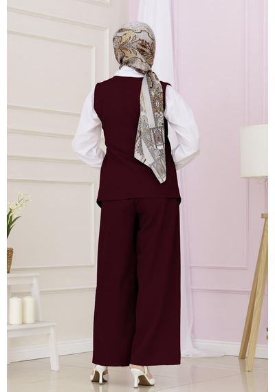 Sevitli Dora Pantolonlu Yelekli Takım-bordo-4895 Bordo