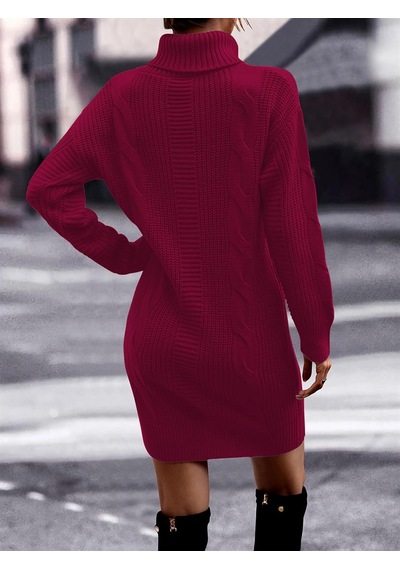 Aqe Fashion Saç Örgü & Selanik Örgü Desenli, Links Detay, Boğazlı, Uzun Kollu, Sırt Detay Desenli Bordo Triko Elbise Tunik Bordo