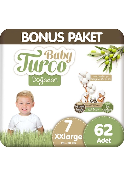 Baby Turco Doğadan Bonus Paket Bebek Bezi 7 Beden 62 Adet