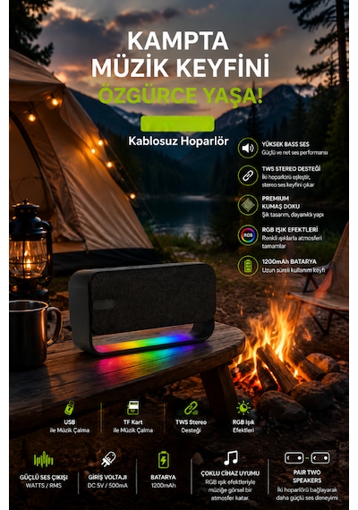 Bluetooth Hoparlör Taşınabilir Kablosuz Speaker Usb/tf/tws Destekli 1200mah 12w Güçlü Bass Ses Bombası
