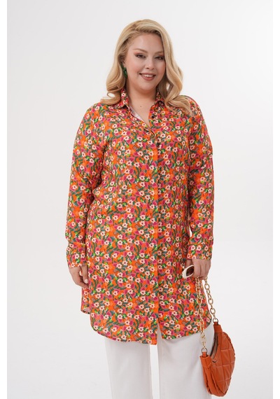 Polologin Butik Küçük Çiçek Desenli Turuncu Viskon Tunik Turuncu