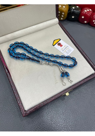 Tesbih Hanesi Ateş Kehribar Tesbih Harfli Kişiye Özel Seri Sıkma Kehribar Tesbih Usta Işi Tesbih Gümüş Kaplama Mavi