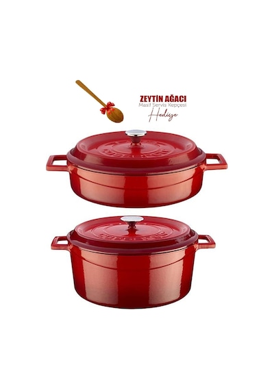 Trendy Döküm 2 Li Tencere Set 28cm Derin Basık Kırmızı Kırmızı