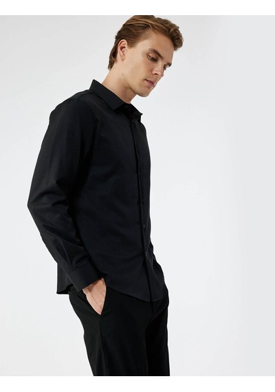 Koton Slim Fit Yarım İtalyan Yaka Siyah Erkek Gömlek 7wam60036hw