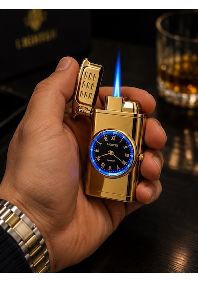 Premium Saatli Ledli Metal Çakmak Özel Lüks Çakmak Prestij Hediye Dolu Gönderim Gold