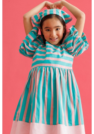 Le Mabelle Mint Çizgili Kız Çocuk Poplin Elbise - Juno Mint