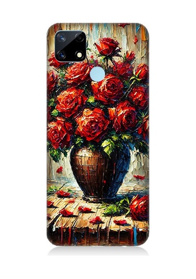 Realme 12 Uyumlu Kırmızı Vazoda Gül Ziyafeti Desenli Silikon Kılıf Çok Renkli