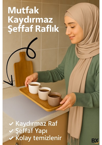 Mutfak Dolabı Çekmece Kaydırmaz Raf Örtüsü Şeffaf, Suya Dayanıklı, Kesilebilir Pvc 45x300 Cm