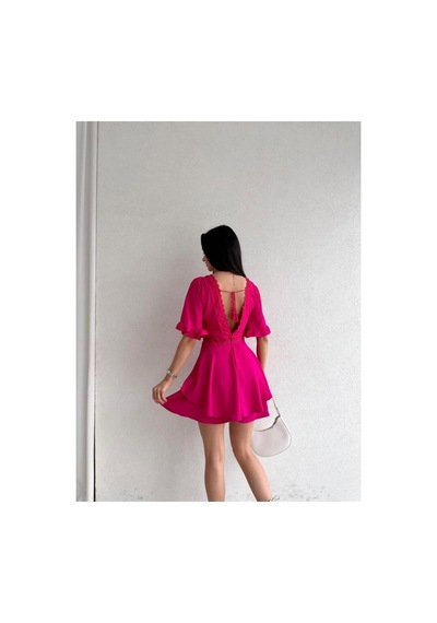 Munora Butik Sırt Dekolteli Brode Detaylı Fuşya Tulum Elbise Fuşya Fuşya