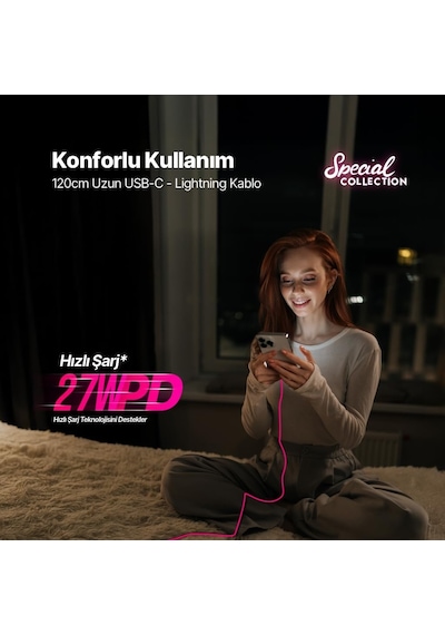 Usb-c - Lightning Hızlı Şarj Kablosu 120cm Neon Neon Pembe Standart