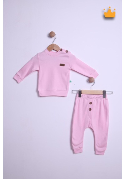 Babyhola Pamuk Düğmeli Sweat Düğmeli Pantolon Takım 236311 Pudra