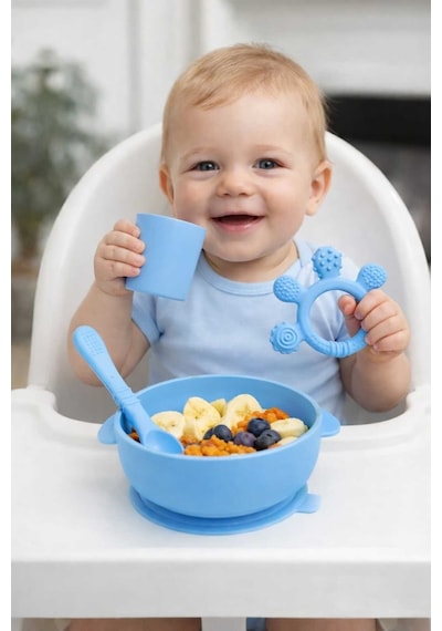 4lü Silikon Mama Seti- Vakumlu Mama Kasesi Kaşığı Bardak Ve Diş Kaşıyıcı Set