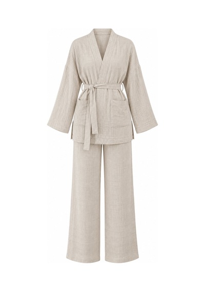 Laluvia Natural %100 Pamuk Cepli Kuşaklı Kimono Takım - 2y8491