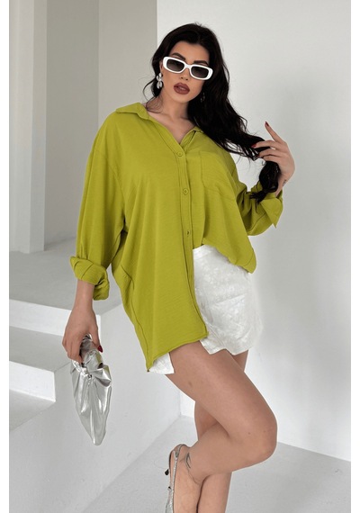 Paw Garage Kadın Perla Olive Tek Cepli Oversize Gömlek, Geniş Kalıp Gömlek, Ayrobin Gömlek Yeşil